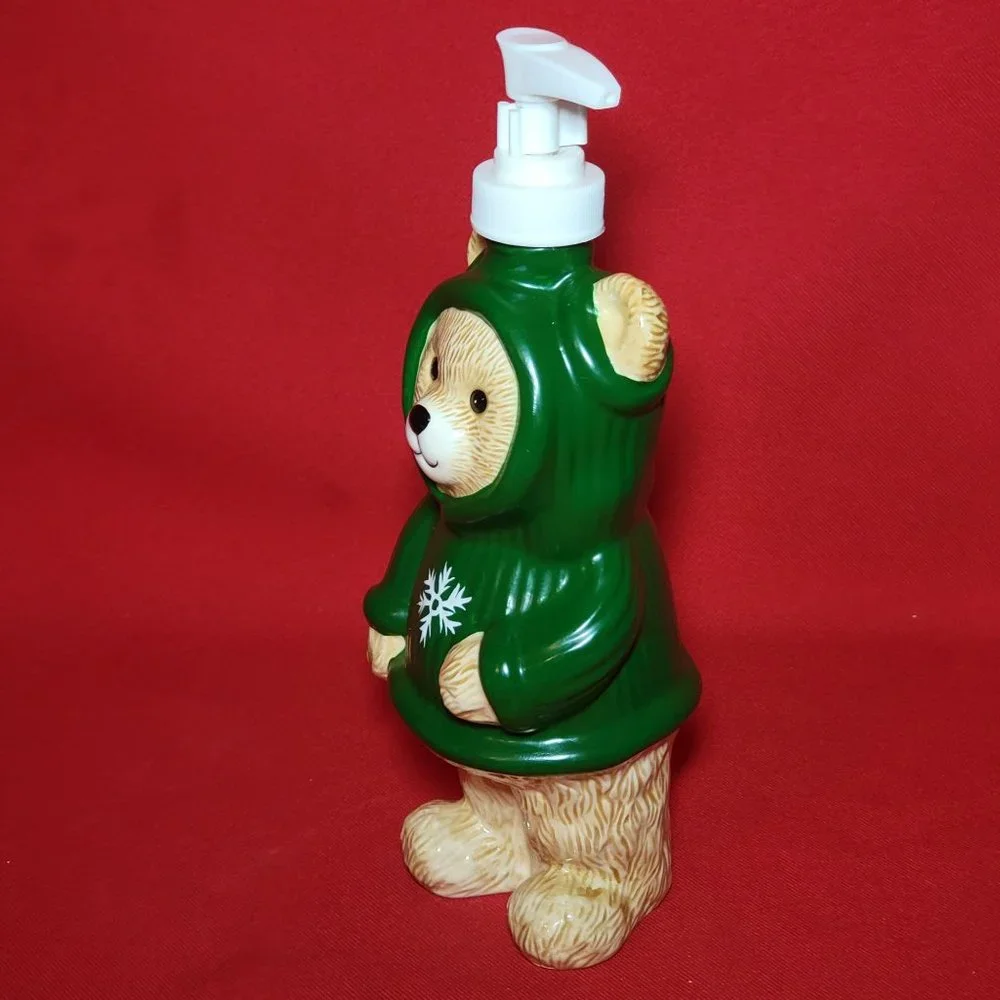 Ceramic Soap Dispenser Bear Wearing Snowflake Green Hoodie 9